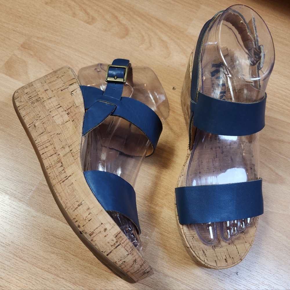 Kork-Ease Blue Leather Ankle Strap Open Toe Wedge Sandals Size 7